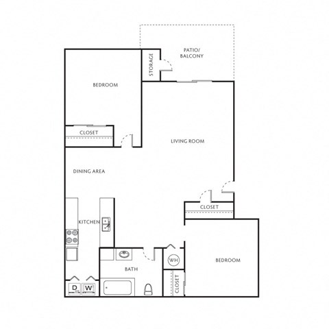 Floor plan for 2 beds, 1 bath, 881 sqft